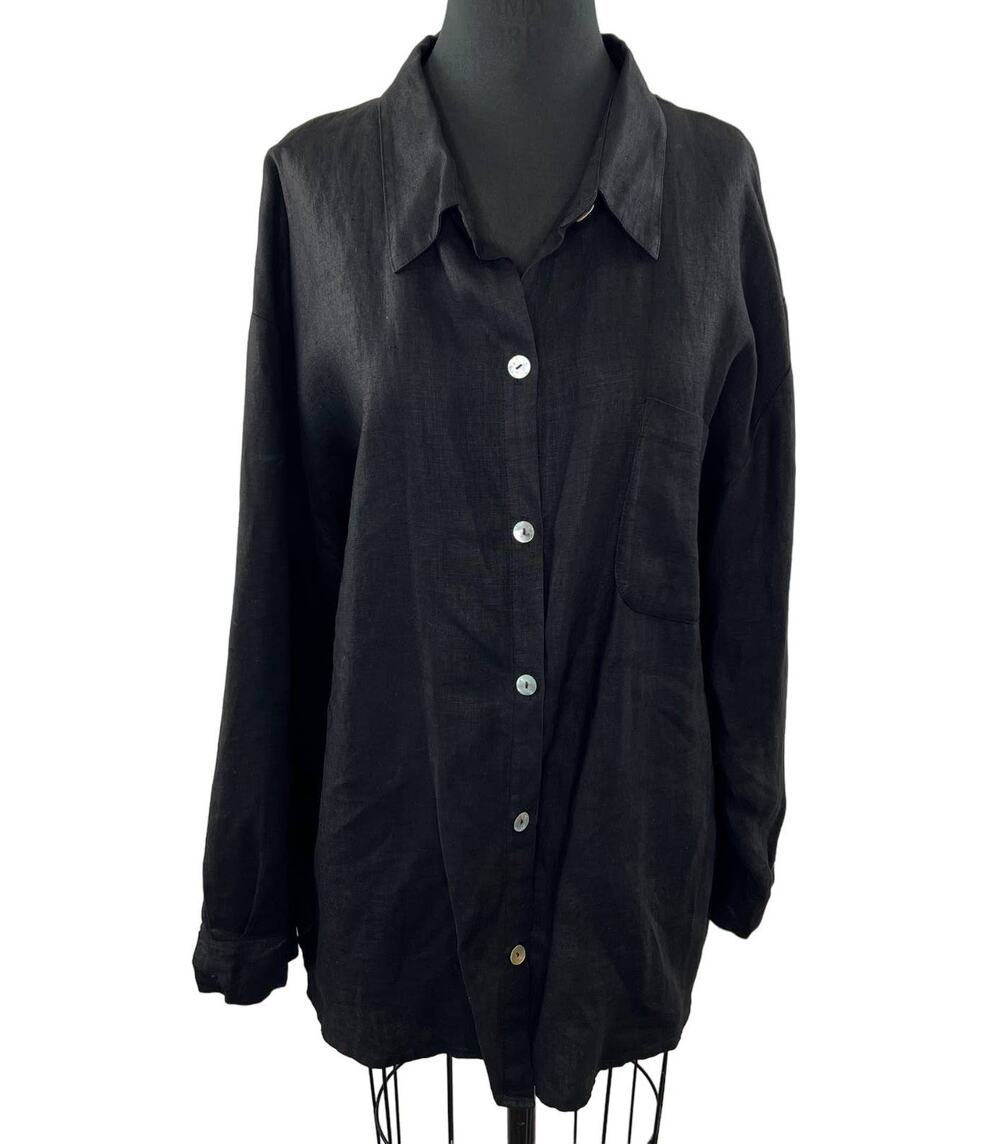 VINTAGE Willow Black Button-Up Long Sleeve Shirt Lagenlook Oversized Top VTG L